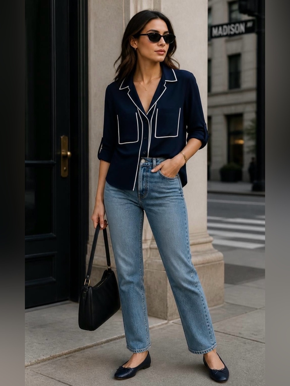 Express Navy Button-Down Shirt with White Piping